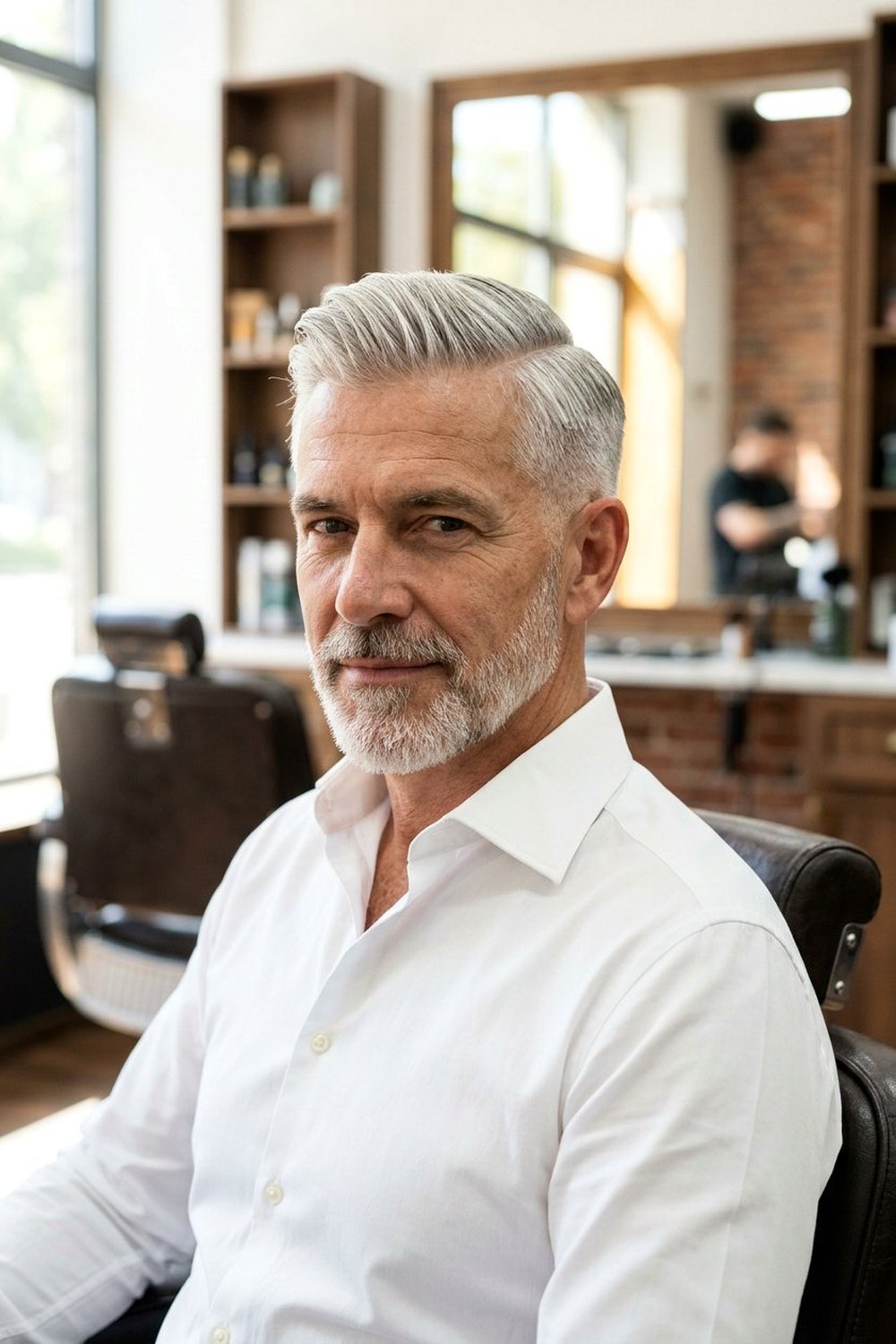 Mature gray-haired man with a classic side-part taper haircut in a barbershop
