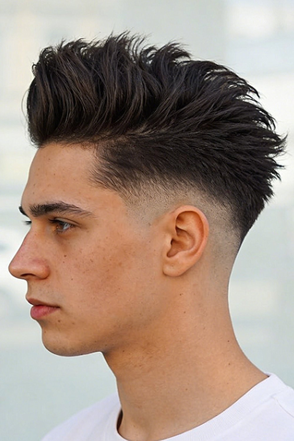 Teenager with a messy wavy top and a sharp burst fade around the ear
