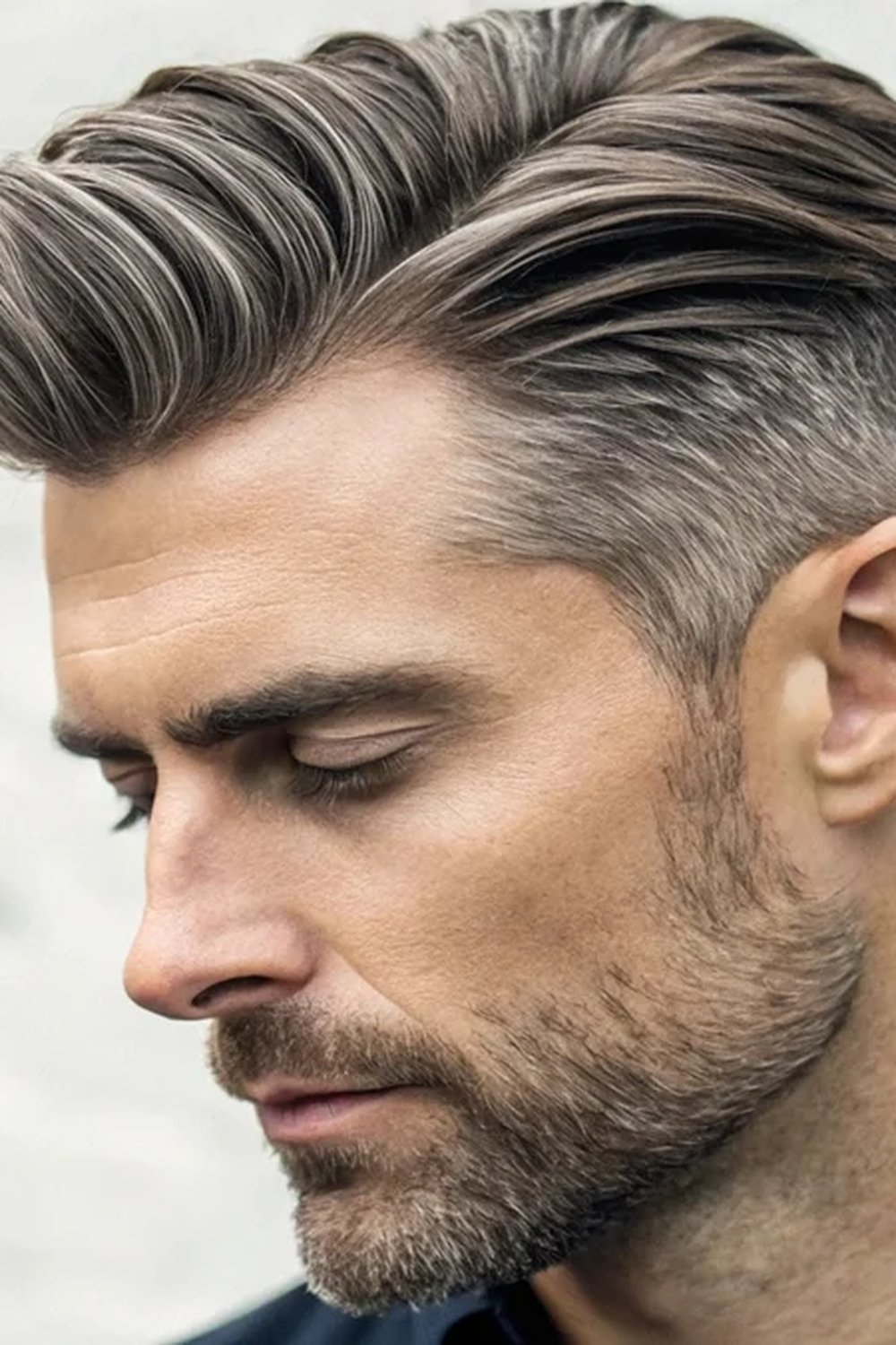 Man with a textured comb-over and low fade, hair swept to the side