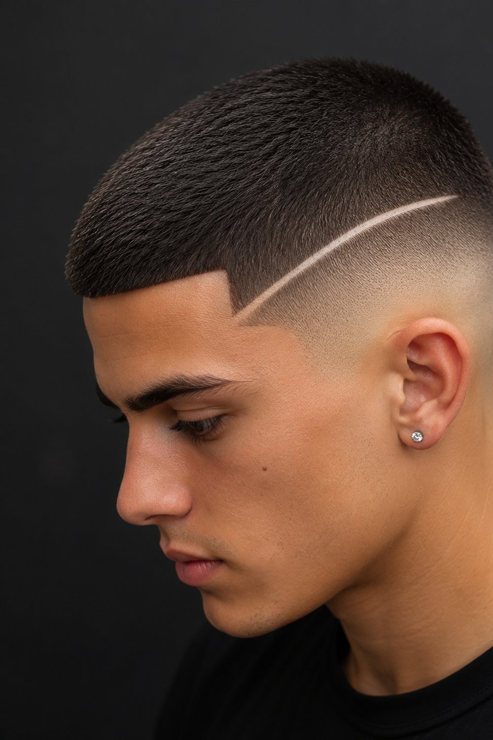 Young man with a short textured top, burst fade and razor-sharp line-up at the forehead, plus a shaved hard-part line