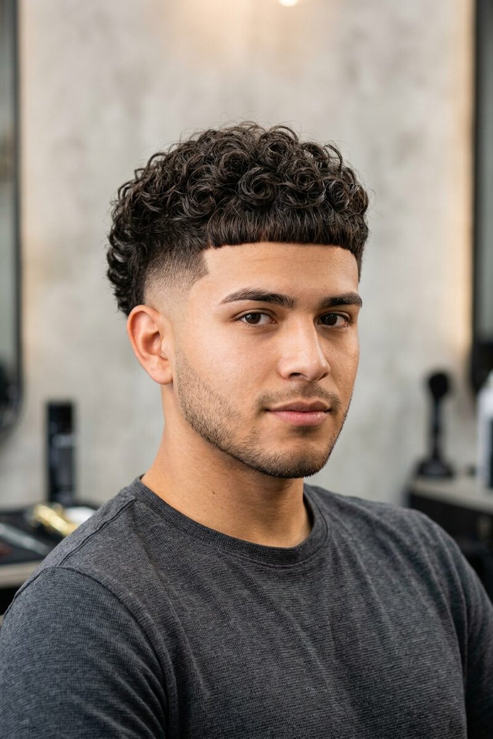 Curly top edgar haircut with a straight fringe line on a young man