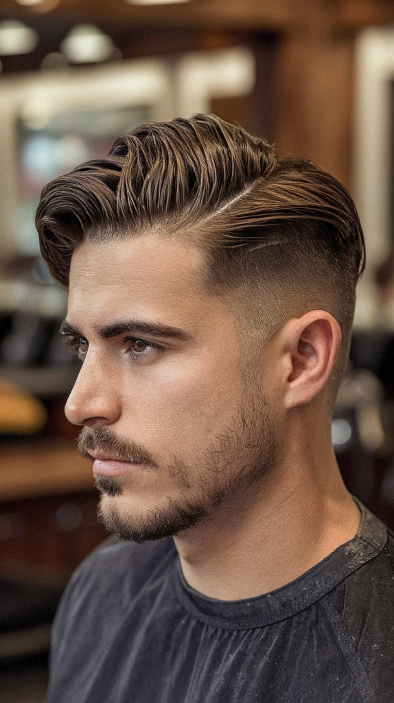 Classic side part with a mid taper fade
