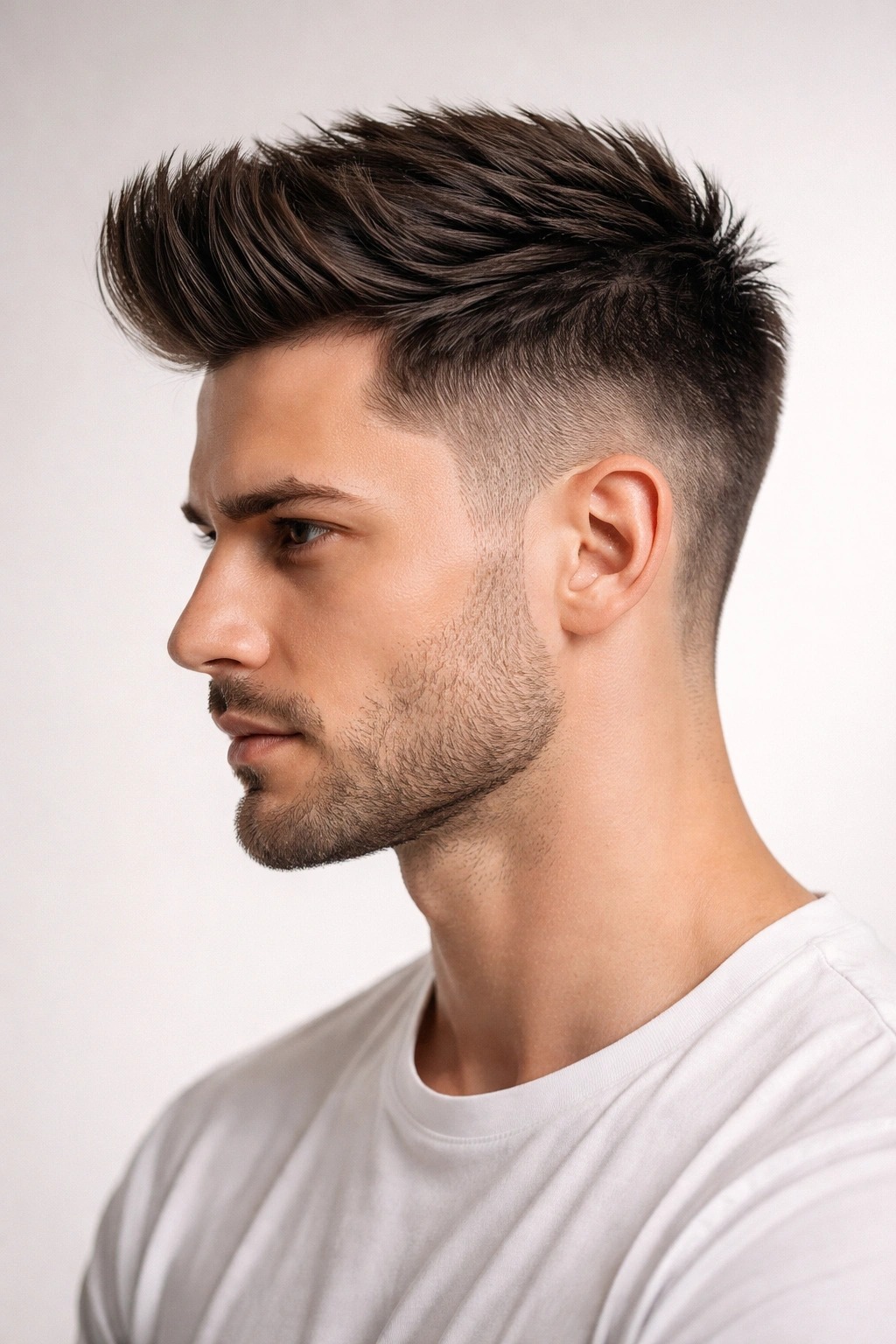 Modern textured pompadour with a mid fade, side view
