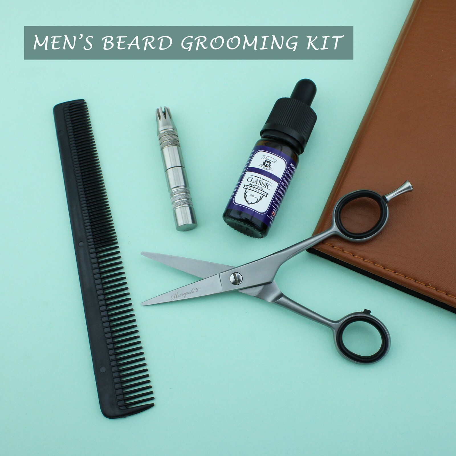 Beard grooming kit with comb, scissors and care products