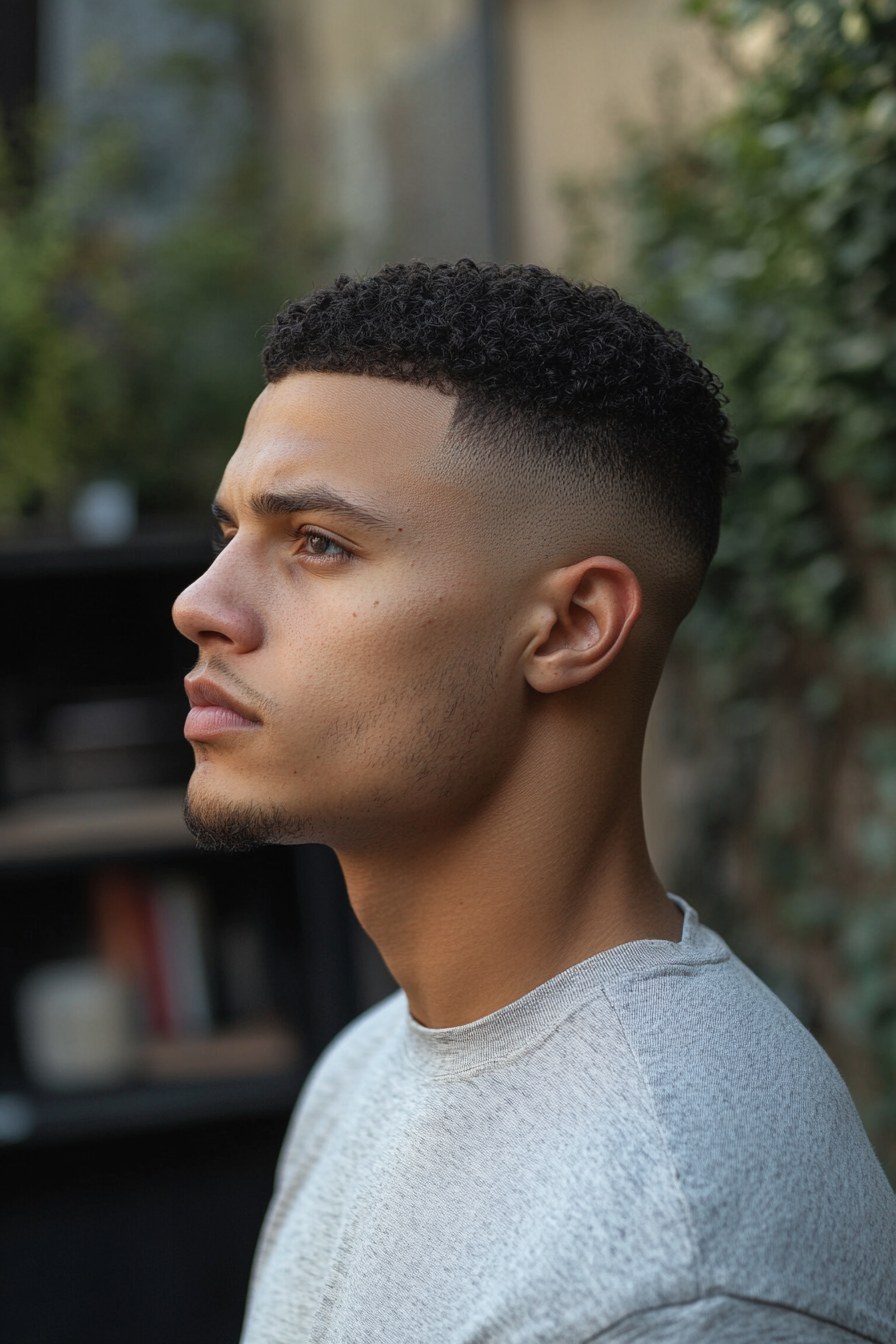 Loose textured top over a restrained burst taper profile.