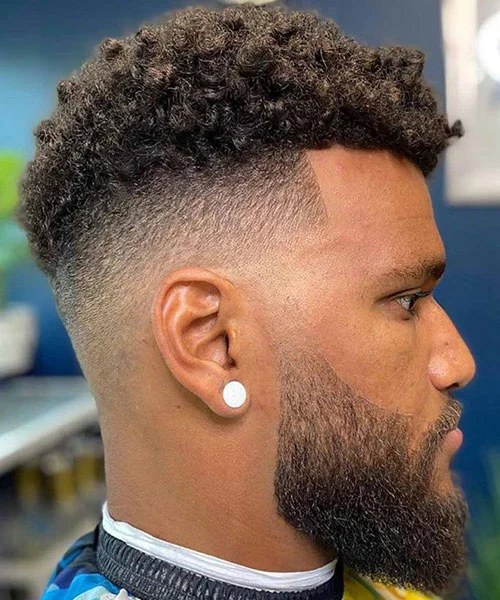 What is a burst fade? Curly top with the shortest hair radiating in a semicircle around the ear.