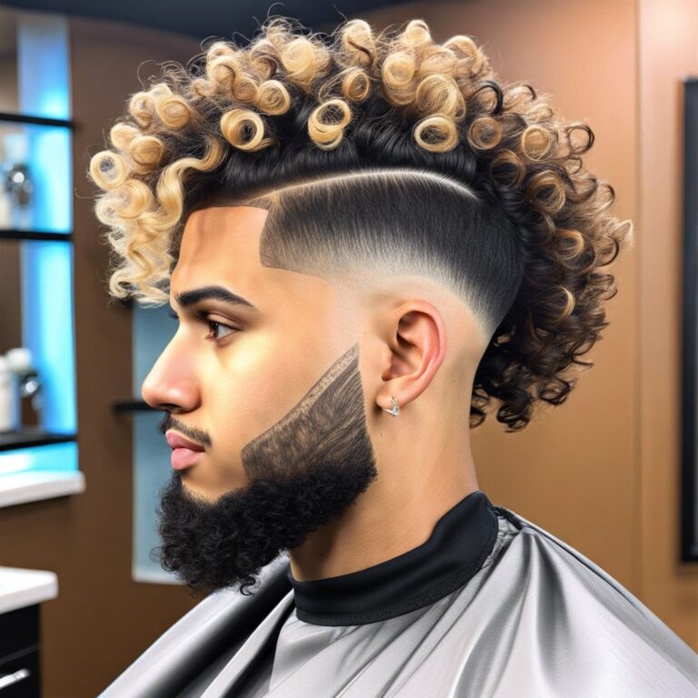 Defined curls over a bright ear arc and tapered sideburn.