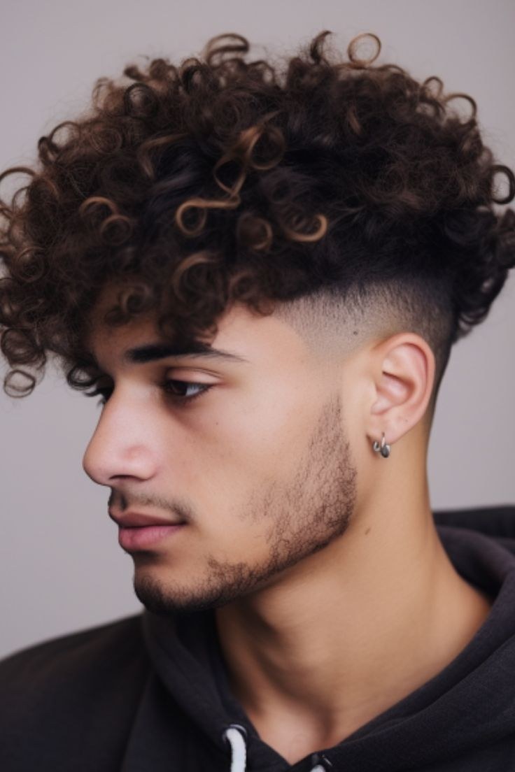 Loose curls with height and a clear circular transition around the ear.