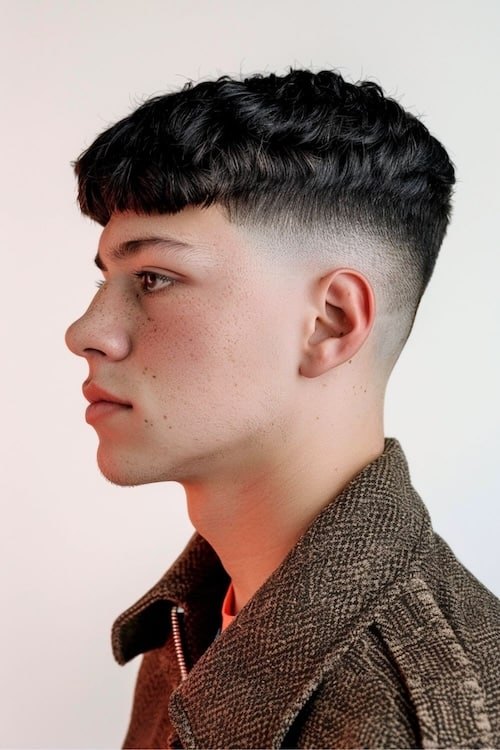 High Burst Fade haircut reference showing textured forward top