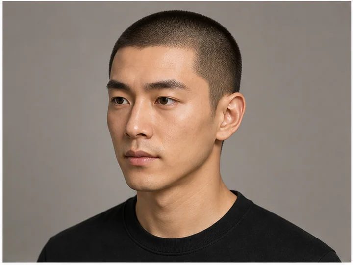 Even buzz cut at a medium guard length with a neat taper at the temple.