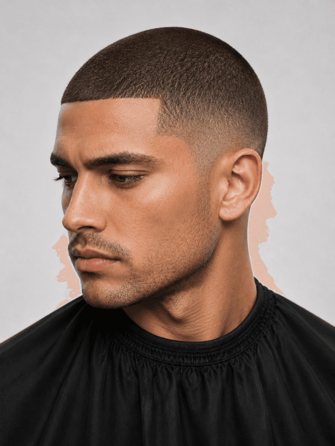 Clean buzz cut with a subtle taper, photographed in a studio setting.