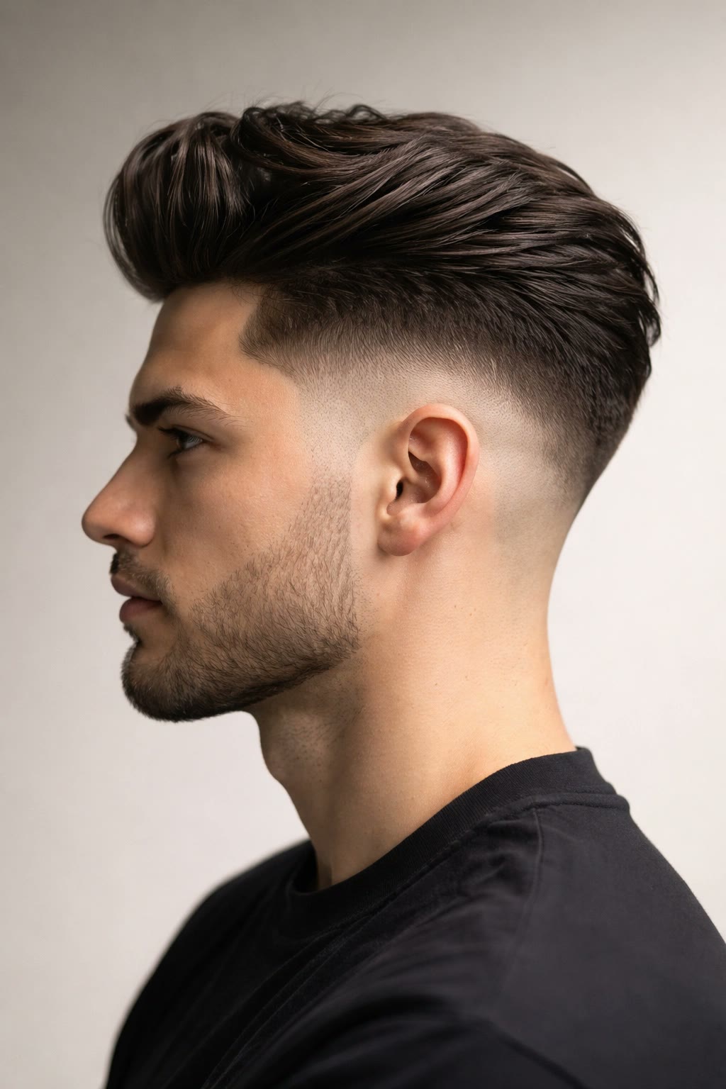 Side profile of a drop fade with the fade line arcing down behind the ear.