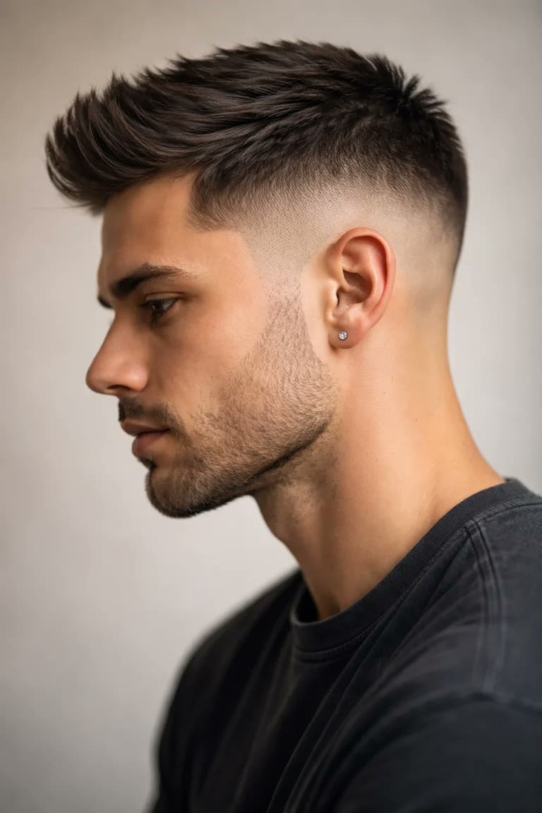 Tapered drop fade showing the curved blend line from temple to nape.