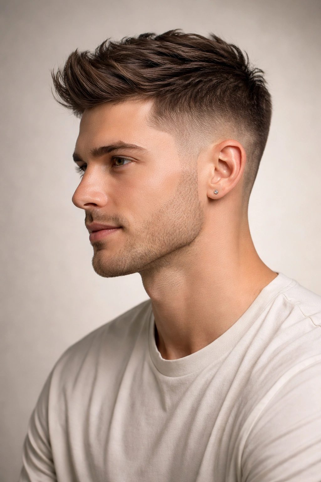 Textured top with a low taper fading cleanly around the ear.