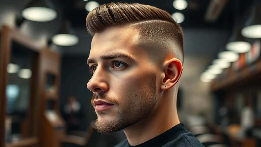 A sharp taper through the sideburn photographed inside a barbershop.