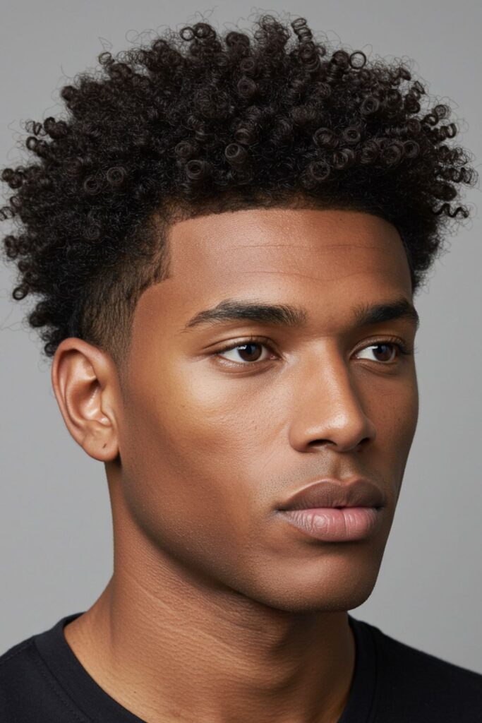 Curly fade with defined temple blending.