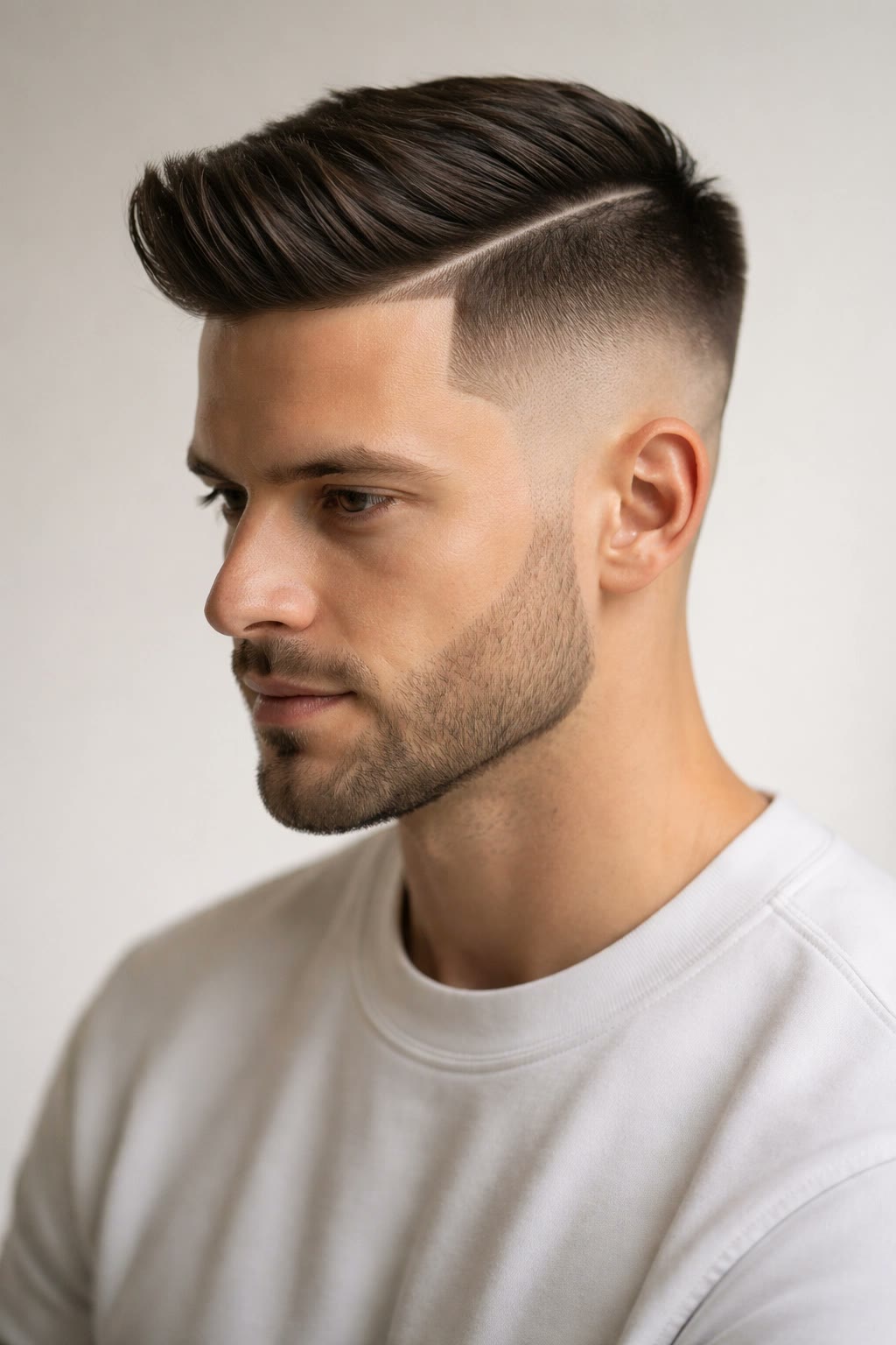 Temple fade with a hard part carved above the blend.